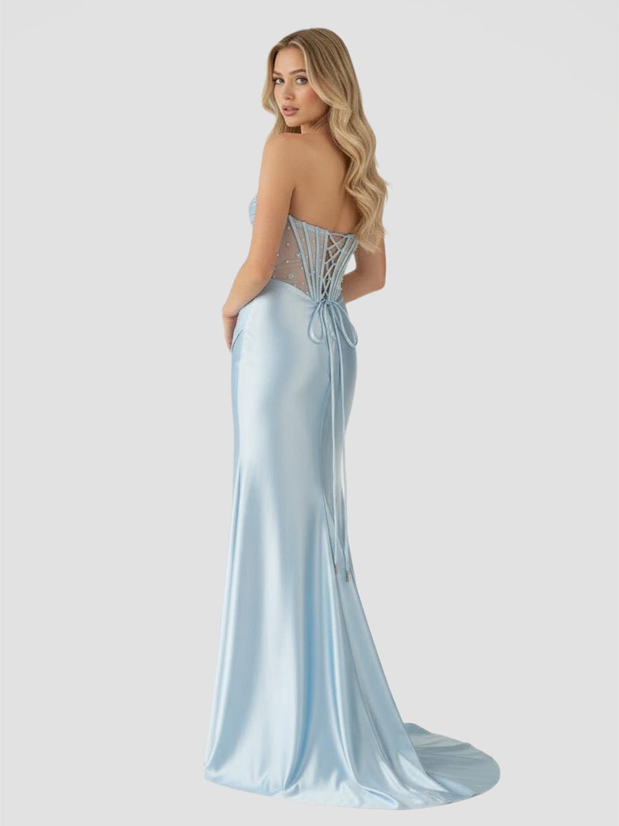 KissProm-Astraea Mermaid Strapless Blue Beaded Ruched Long Prom Dress with Slit