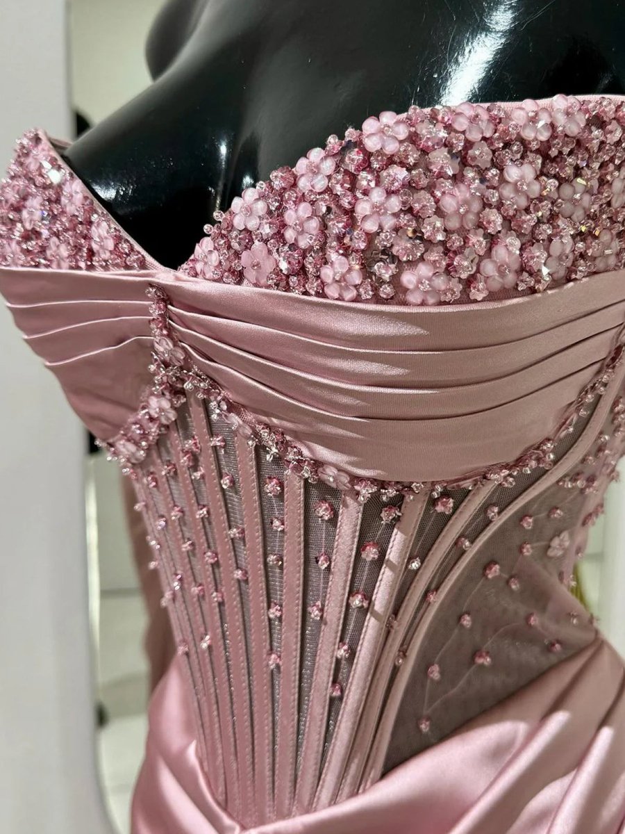 KissProm-Astraea Mermaid Strapless Pink Beaded Ruched Long Prom Dress with Slit