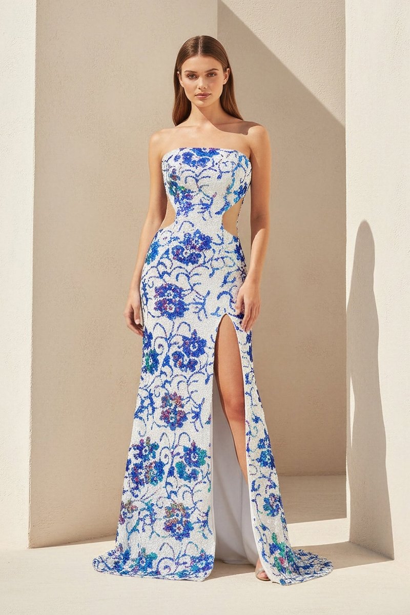 Astral | Blue - Strapless Mermaid Sequined Cutout Long Formal Prom Dresses With Slit - KissProm