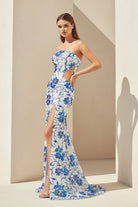 Astral | Blue - Strapless Mermaid Sequined Cutout Long Formal Prom Dresses With Slit - KissProm
