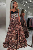 Athos | Leopard - A Line Chiffon Strapless Corset Long Prom Dresses with Tiered Ruffles - KissProm