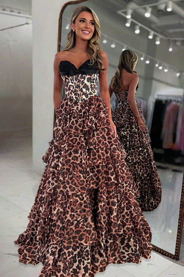 Athos | Leopard - A Line Chiffon Strapless Corset Long Prom Dresses with Tiered Ruffles - KissProm