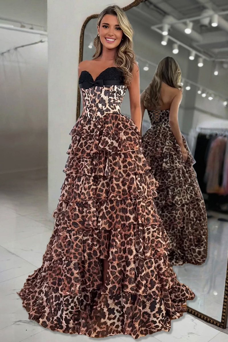 Athos | Leopard - A Line Chiffon Strapless Corset Long Prom Dresses with Tiered Ruffles - KissProm
