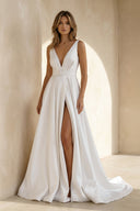 Attractive Deep V-Neck White Satin Bohemian Wedding Dress– Wedding Dresses by KissProm | Available at KissProm