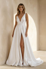Attractive Deep V-Neck White Satin Bohemian Wedding Dress– Wedding Dresses by KissProm | Available at KissProm