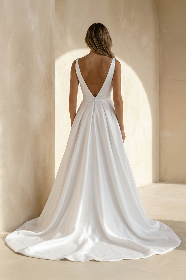 Attractive Deep V-Neck White Satin Bohemian Wedding Dress– Wedding Dresses by KissProm | Available at KissProm