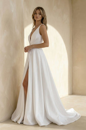 Attractive Deep V-Neck White Satin Bohemian Wedding Dress– Wedding Dresses by KissProm | Available at KissProm
