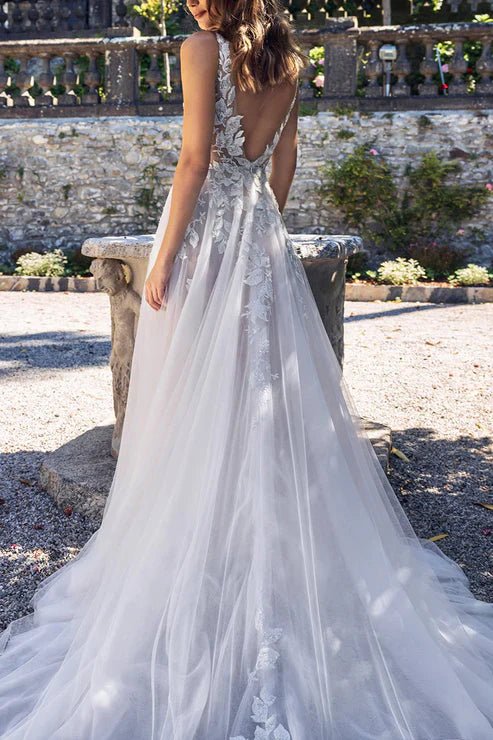 knee length dresses for ladies Illusion V-Neck Embroidered Mesh Long Wedding Gown