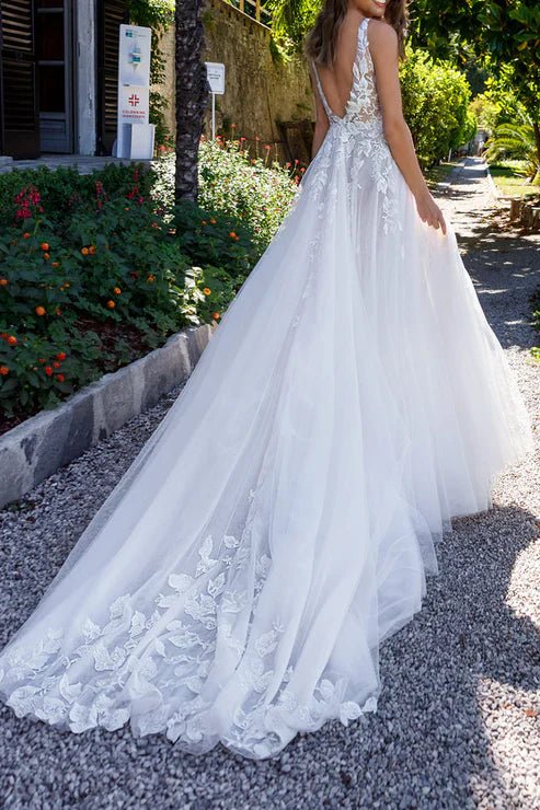 Hermosa | Attractive Illusion Deep V Neck Lace Appliques Boho Wedding Dress with Slit