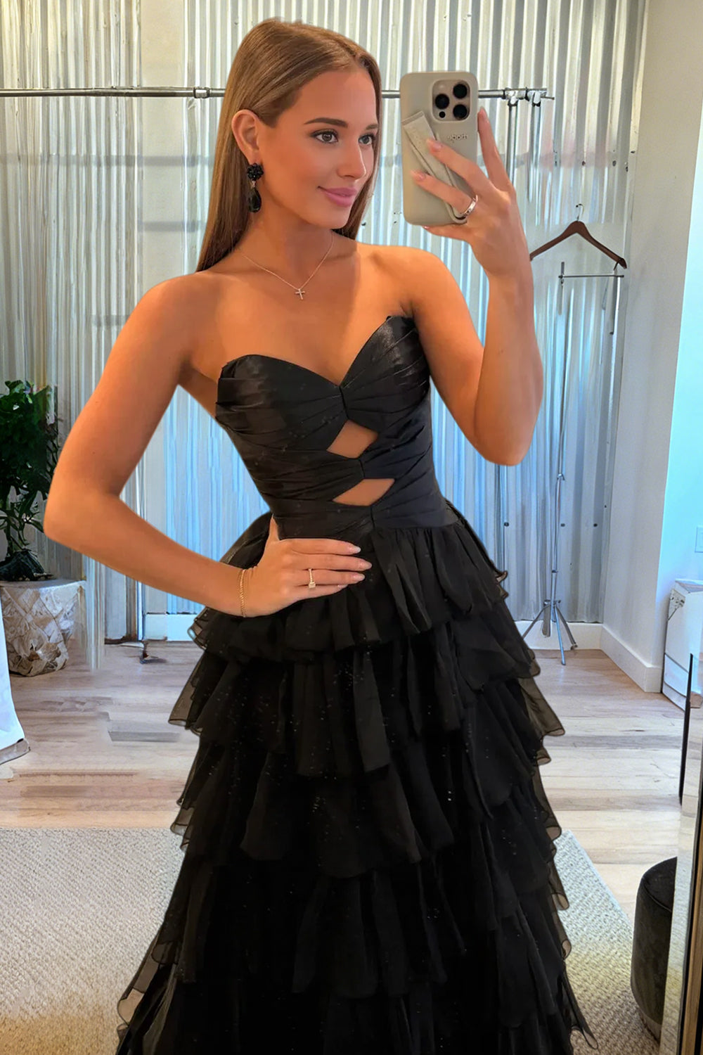 Aubree | Black - Strapless A Line Chiffon Ruffled Prom Dresses With Cutout -KissProm