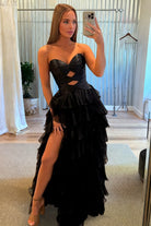 Aubree | Black - Strapless A Line Chiffon Ruffled Prom Dresses With Cutout -KissProm