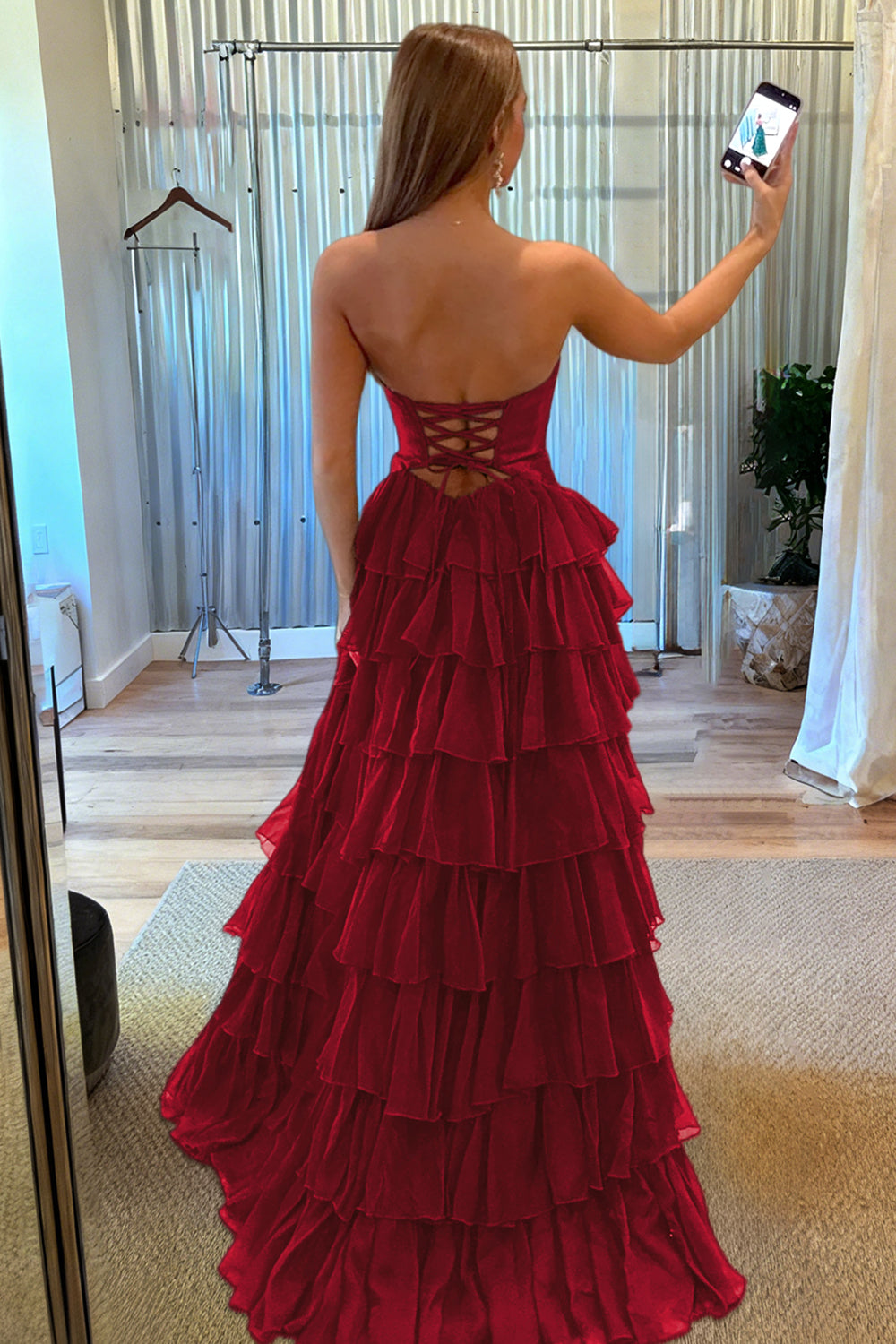 Aubree | Burgundy - Strapless A Line Chiffon Ruffled Prom Dresses With Cutout - KissProm