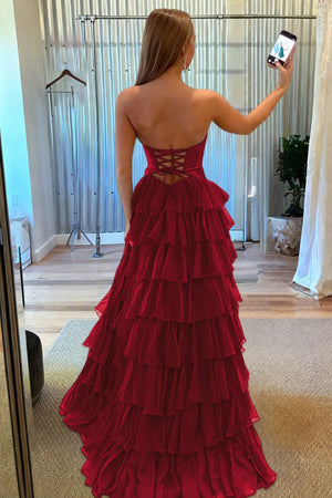 Aubree | Burgundy - Strapless A Line Chiffon Ruffled Prom Dresses With Cutout -KissProm
