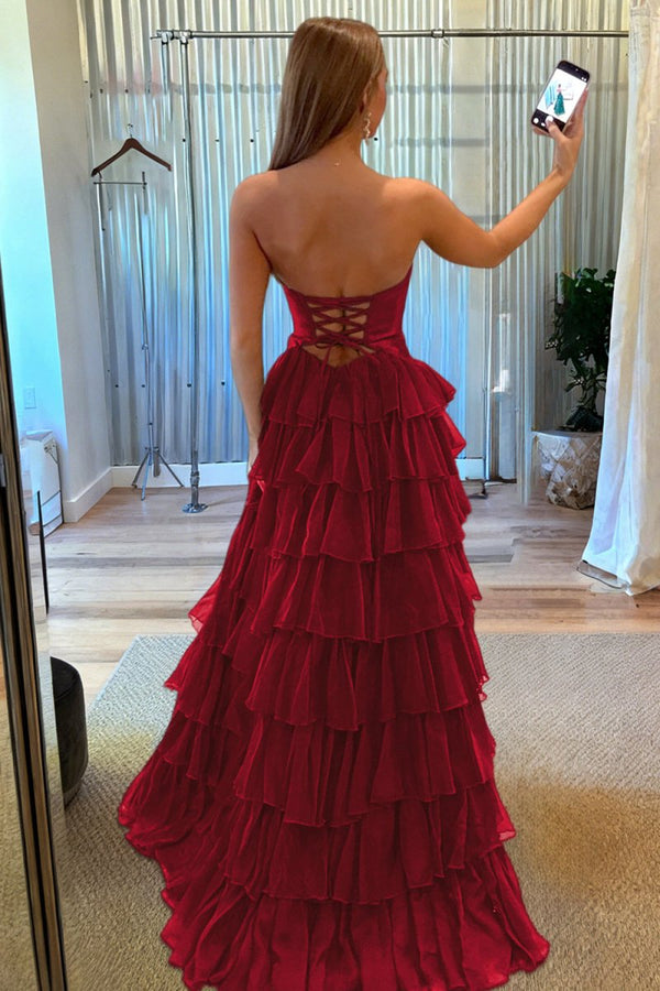 Aubree | Burgundy - Strapless A Line Chiffon Ruffled Prom Dresses With Cutout -KissProm