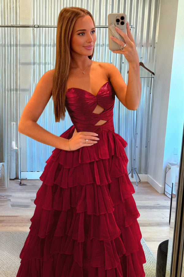 Aubree | Burgundy - Strapless A Line Chiffon Ruffled Prom Dresses With Cutout -KissProm