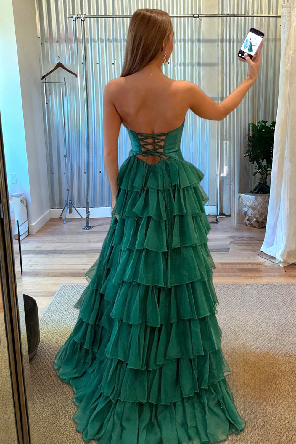 Aubree | Emerald - Strapless A Line Chiffon Ruffled Prom Dresses With Cutout -KissProm