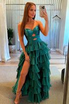 Aubree | Emerald - Strapless A Line Chiffon Ruffled Prom Dresses With Cutout -KissProm