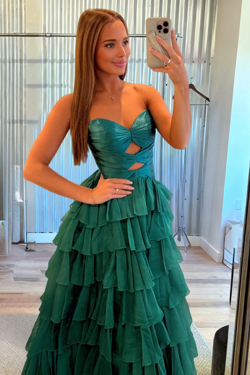 Aubree | Emerald - Strapless A Line Chiffon Ruffled Prom Dresses With Cutout -KissProm