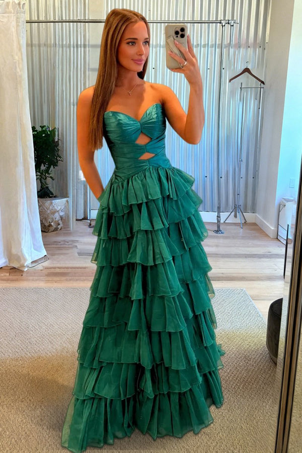 Aubree | Emerald - Strapless A Line Chiffon Ruffled Prom Dresses With Cutout -KissProm