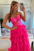 Aubree | Fuchsia - Strapless A Line Chiffon Ruffled Prom Dresses With Cutout -KissProm