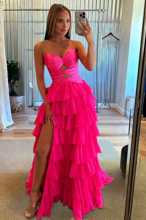 Aubree | Fuchsia - Strapless A Line Chiffon Ruffled Prom Dresses With Cutout - KissProm