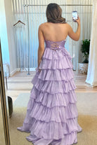 Aubree | Lilac - Strapless A Line Chiffon Ruffled Prom Dresses With Cutout -KissProm