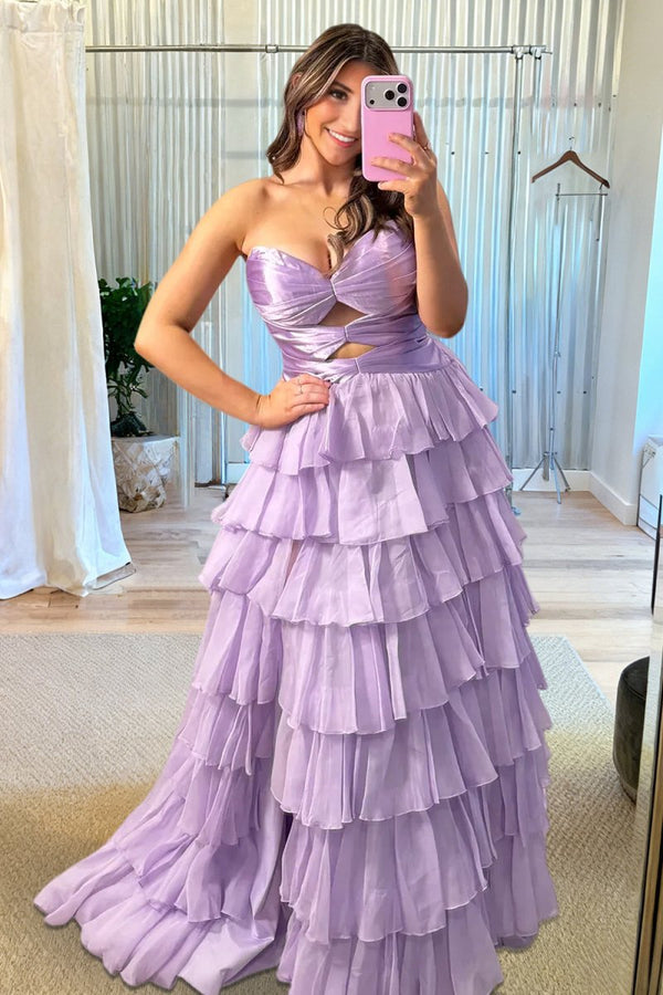 Aubree | Lilac - Strapless A Line Chiffon Ruffled Prom Dresses With Cutout -KissProm