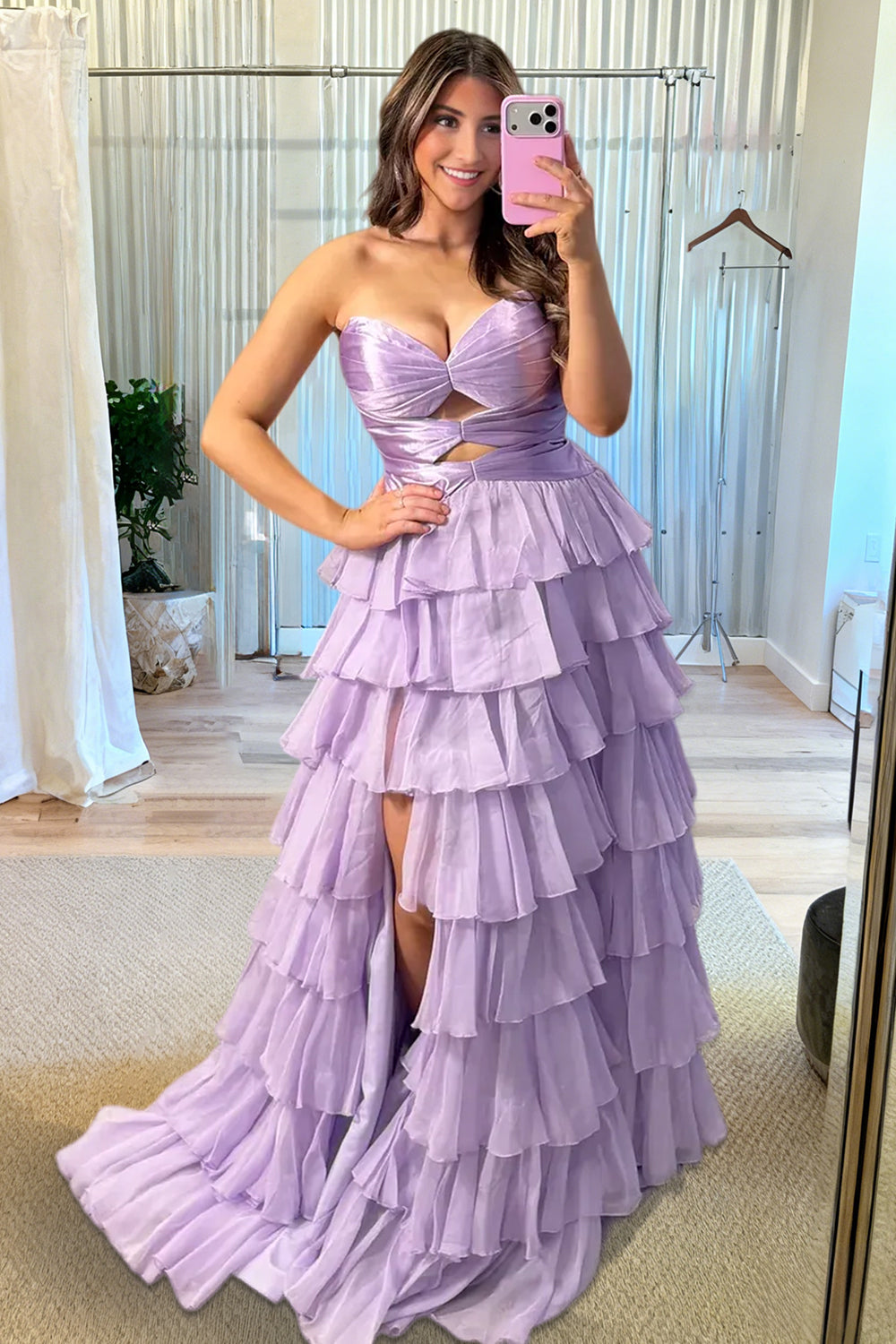 Aubree | Lilac - Strapless A Line Chiffon Ruffled Prom Dresses With Cutout -KissProm