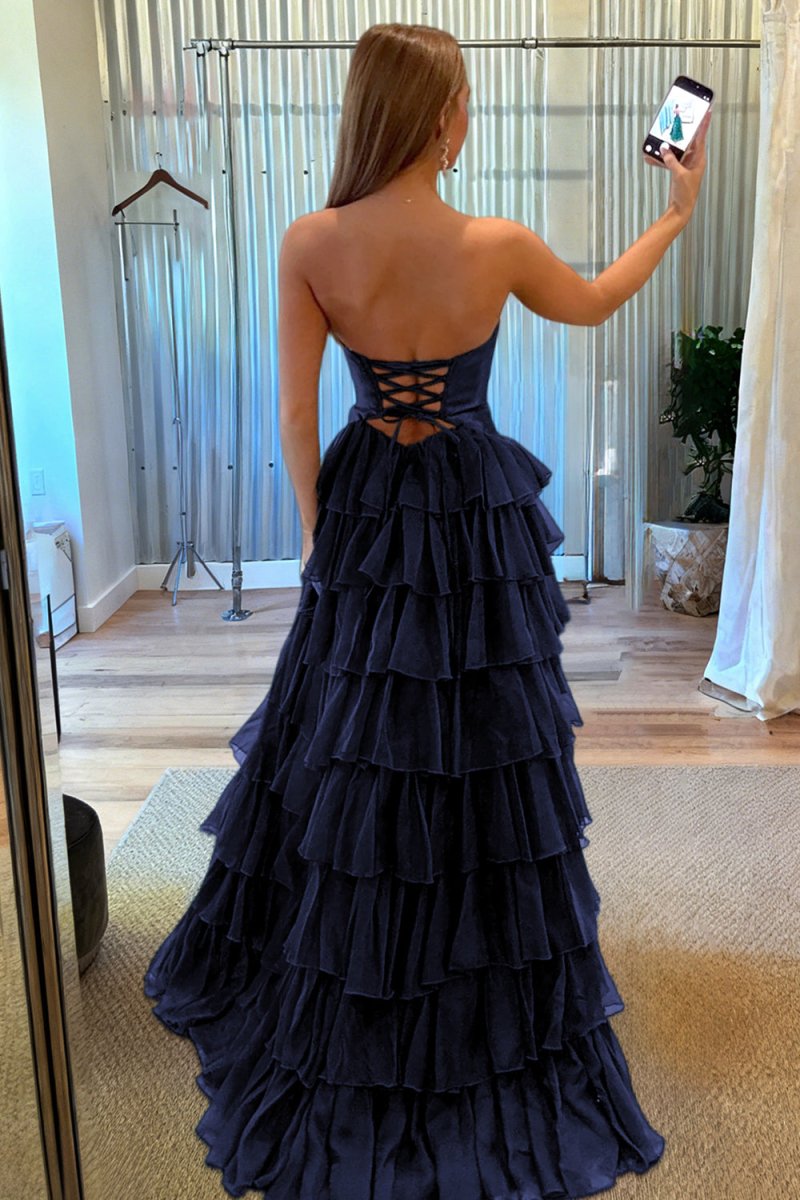 Aubree | Navy Blue - Strapless A Line Chiffon Ruffled Prom Dresses With Cutout -KissProm