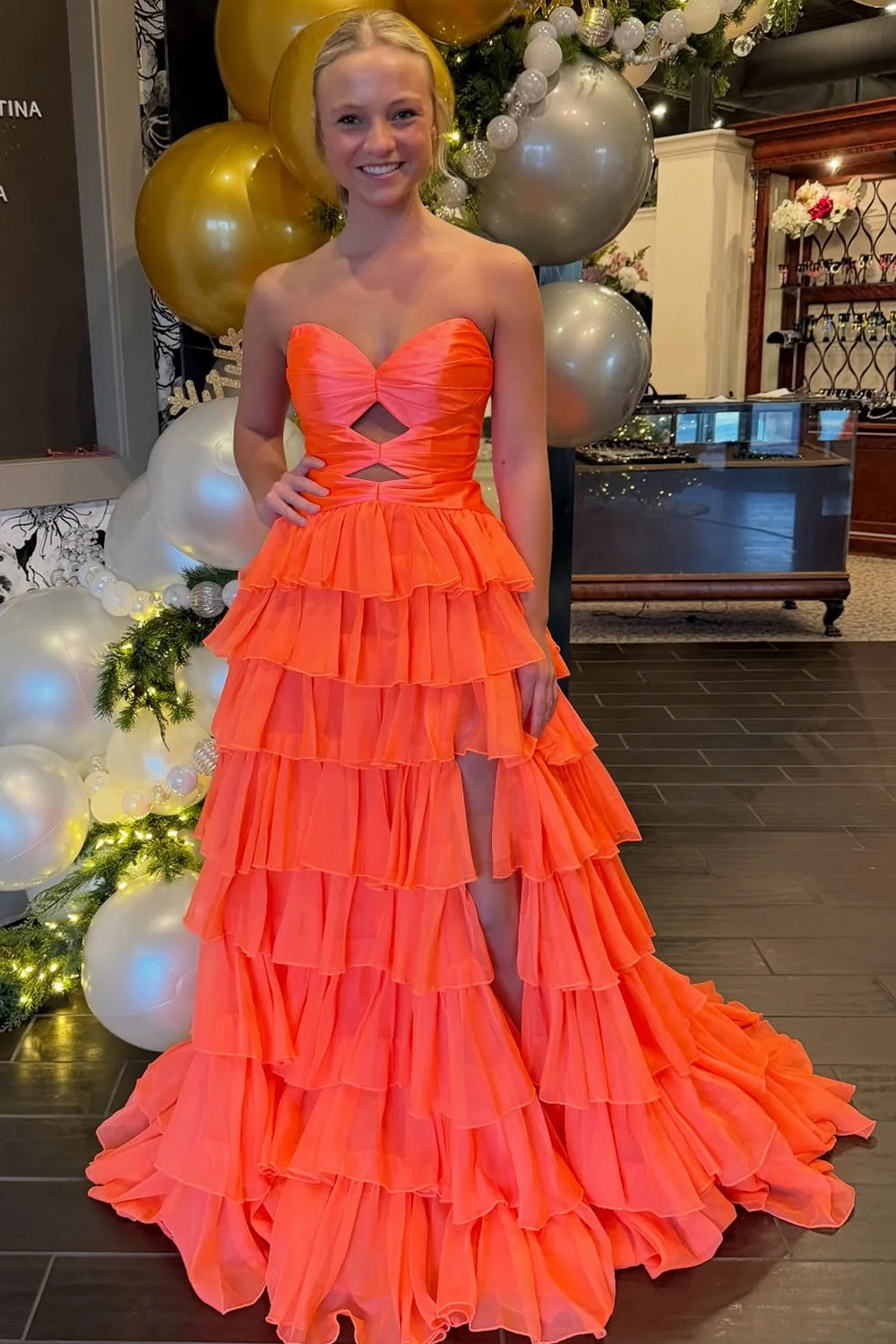 Aubree | Orange - Strapless A Line Chiffon Ruffled Prom Dresses With Cutout -KissProm