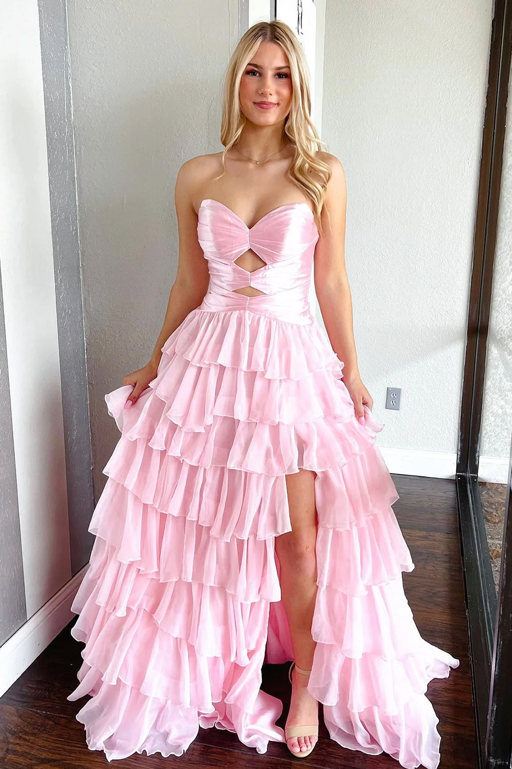 Aubree | Pink - Strapless A Line Chiffon Ruffled Prom Dresses With Cutout -KissProm