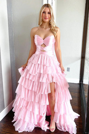 Aubree | Pink - Strapless A Line Chiffon Ruffled Prom Dresses With Cutout -KissProm