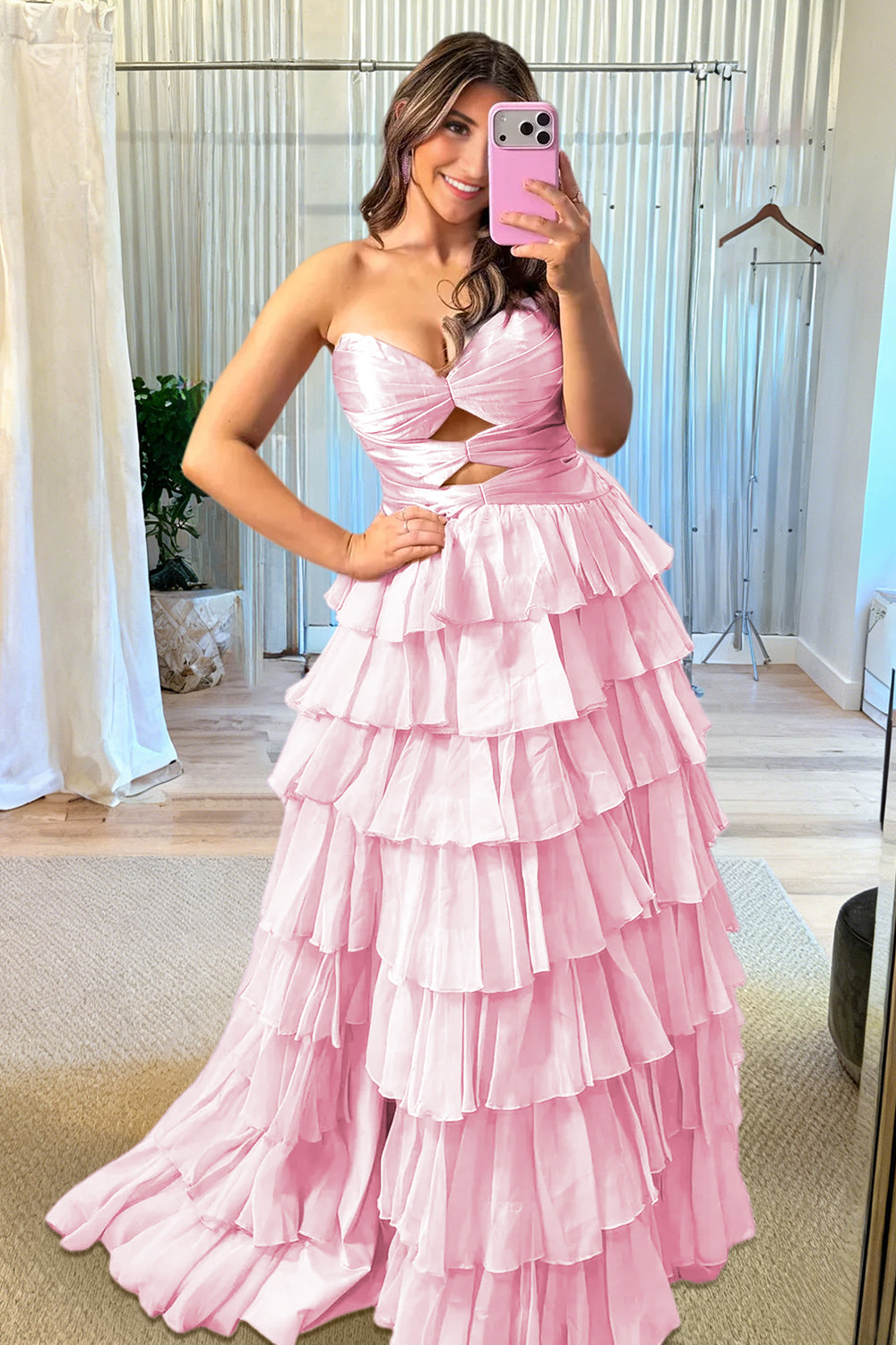 Aubree | Pink - Strapless A Line Chiffon Ruffled Prom Dresses With Cutout - KissProm