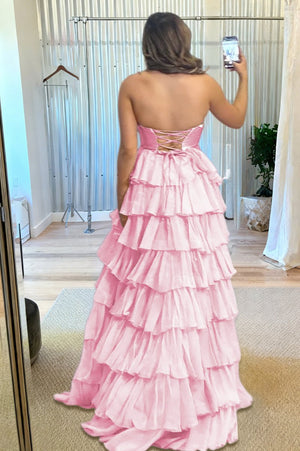 Aubree | Pink - Strapless A Line Chiffon Ruffled Prom Dresses With Cutout -KissProm