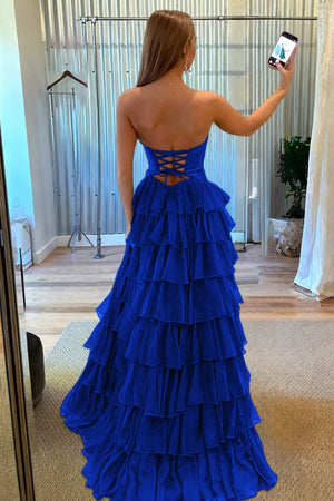 Aubree | Royal Blue - Strapless A Line Chiffon Ruffled Prom Dresses With Cutout -KissProm