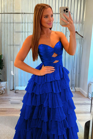 Aubree | Royal Blue - Strapless A Line Chiffon Ruffled Prom Dresses With Cutout -KissProm