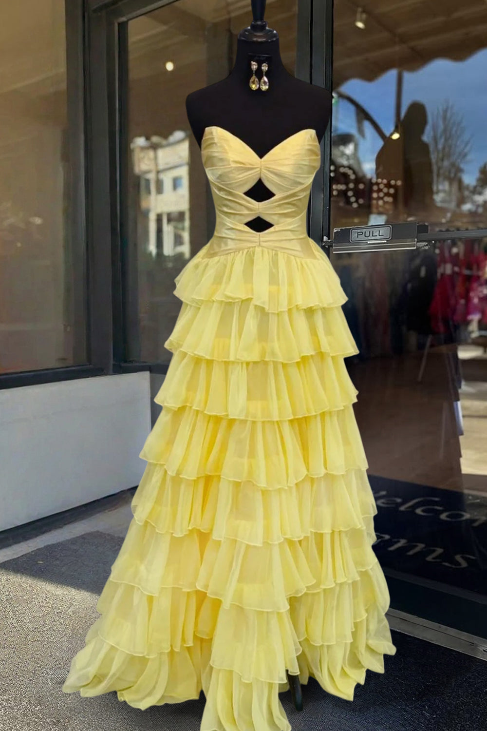Aubree | Yellow - Strapless A Line Chiffon Ruffled Prom Dresses With Cutout -KissProm