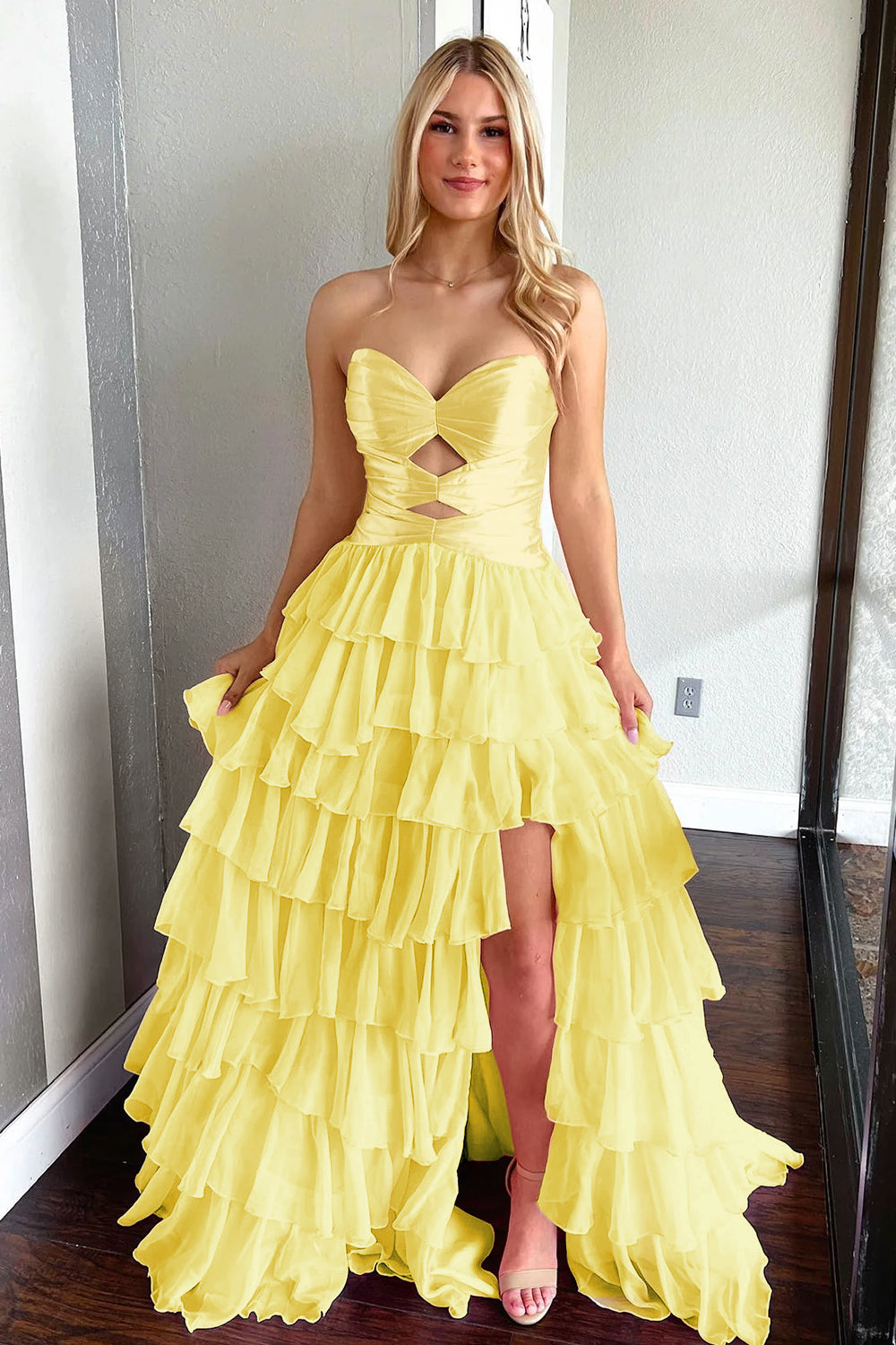 Aubree | Yellow - Strapless A Line Chiffon Ruffled Prom Dresses With Cutout - KissProm