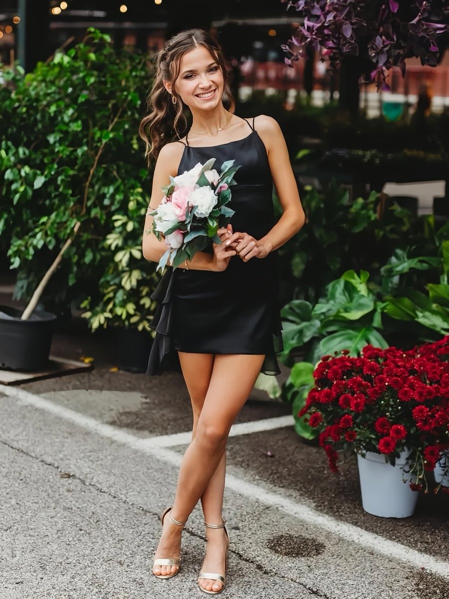 Audrissa | Black - Scoop Neck Satin Ruffle Short Homecoming Dress