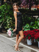 Audrissa | Black - Scoop Neck Satin Ruffle Short Homecoming Dress