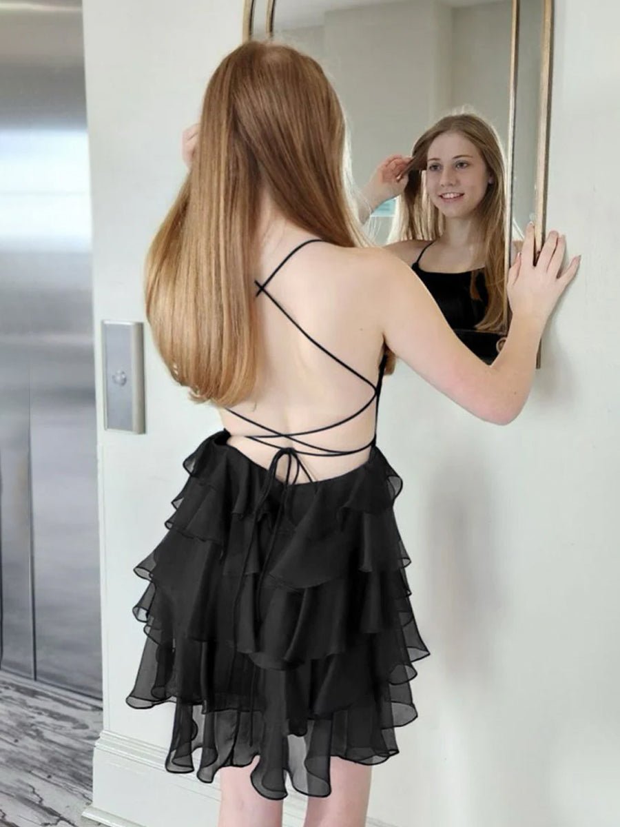 Audrissa | Black - Scoop Neck Satin Ruffle Short Homecoming Dress
