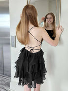 Audrissa | Black - Scoop Neck Satin Ruffle Short Homecoming Dress