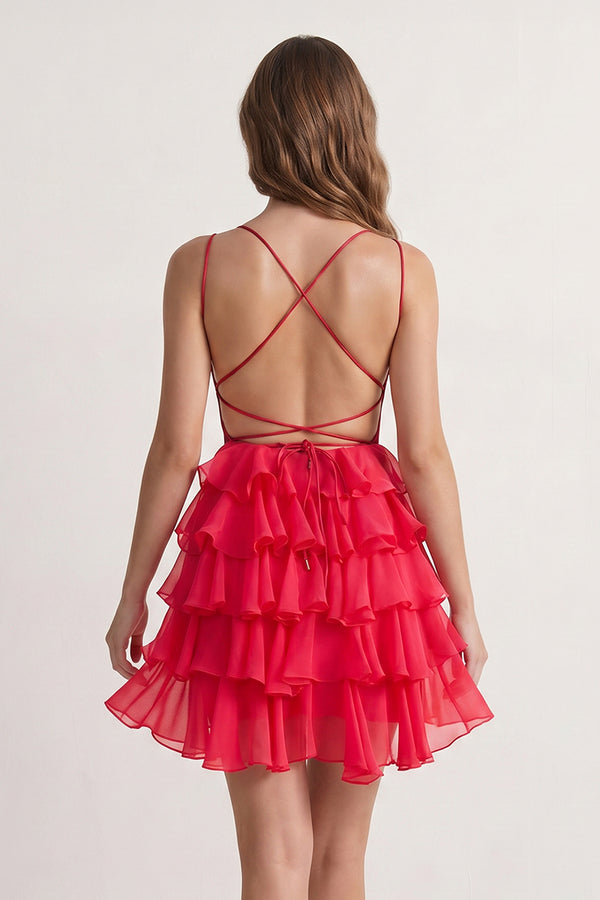 Red - Scoop Neck Satin Ruffle Short Homecoming Dress - KISSPROM