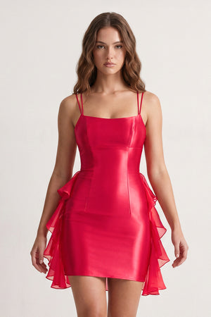 Red - Scoop Neck Satin Ruffle Short Homecoming Dress - KISSPROM
