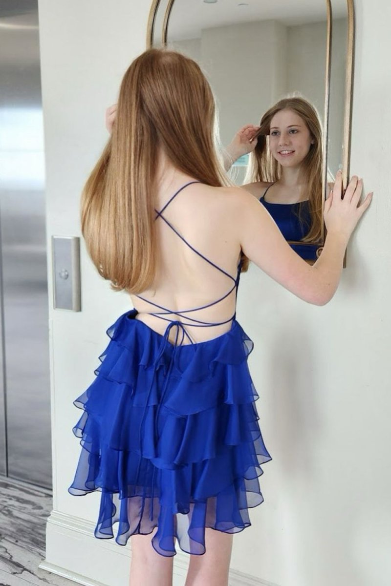 Audrissa | Royal Blue - Scoop Neck Satin Ruffle Short Homecoming Dress
