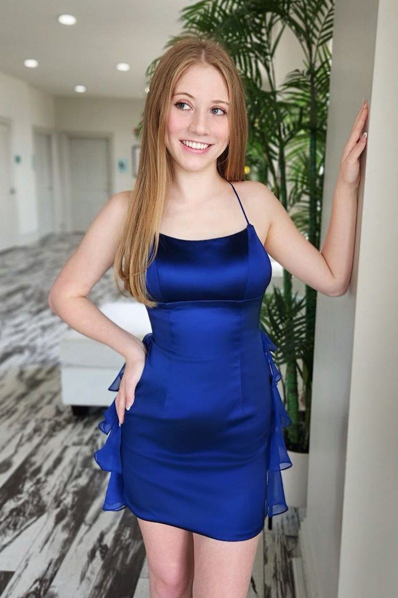 Audrissa | Royal Blue - Scoop Neck Satin Ruffle Short Homecoming Dress