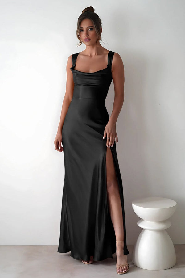 black prom dress square neck Black Square Neckline Tulle Long Prom Dress, Shiny Black Evening Dress