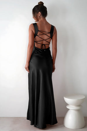 Auren | Red - A - Line Square Neck Satin Long Prom Dresses with Slit - KissProm