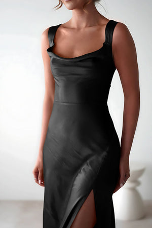 Auren | Red - A - Line Square Neck Satin Long Prom Dresses with Slit - KissProm