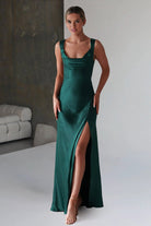 Auren | Red - A - Line Square Neck Satin Long Prom Dresses with Slit - KissProm